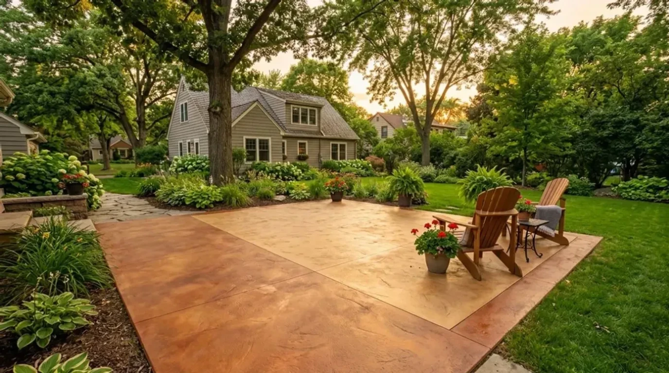 Jensen Concrete Colored concrete patio with warm sandstone integral color installed in Minneapolis by Jensen Decorative Concrete