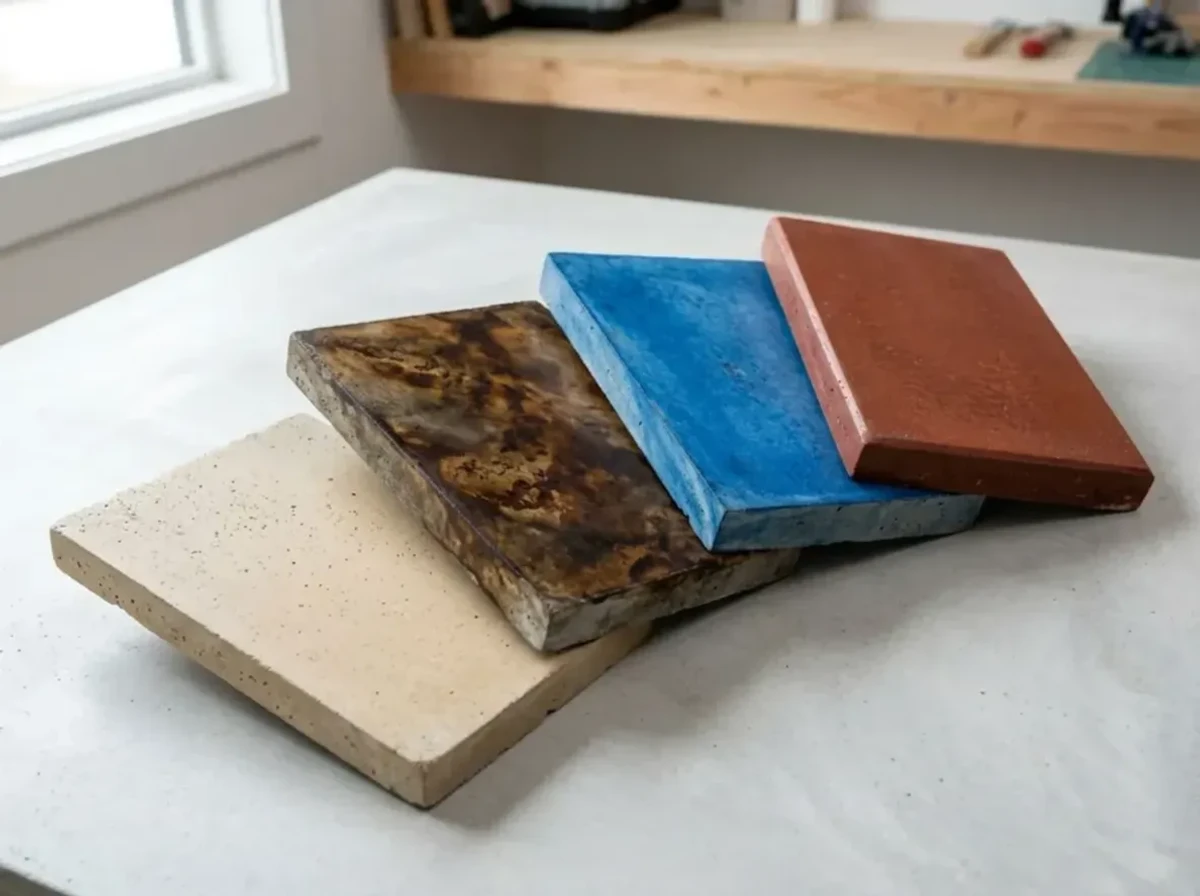 Jensen Concrete Colored concrete sample boards showing integral color and stain options from Jensen Decorative Concrete