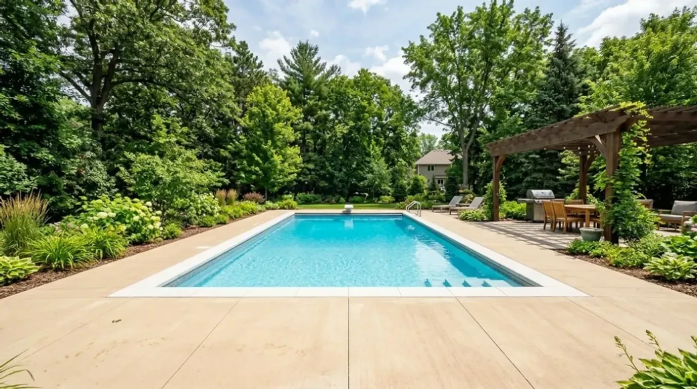 Jensen Concrete Colored concrete pool deck in light sandstone tone in Shorewood, MN