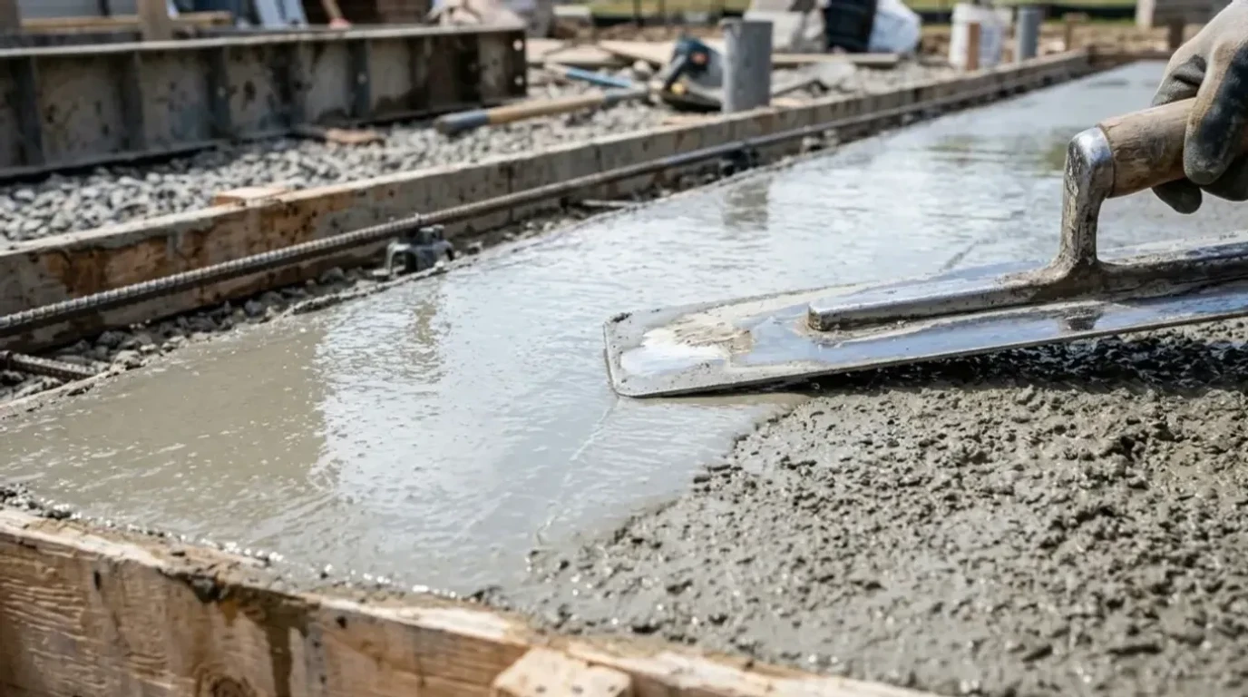 Jensen Concrete Concrete flatwork installation — fresh concrete being finished by Jensen Decorative Concrete