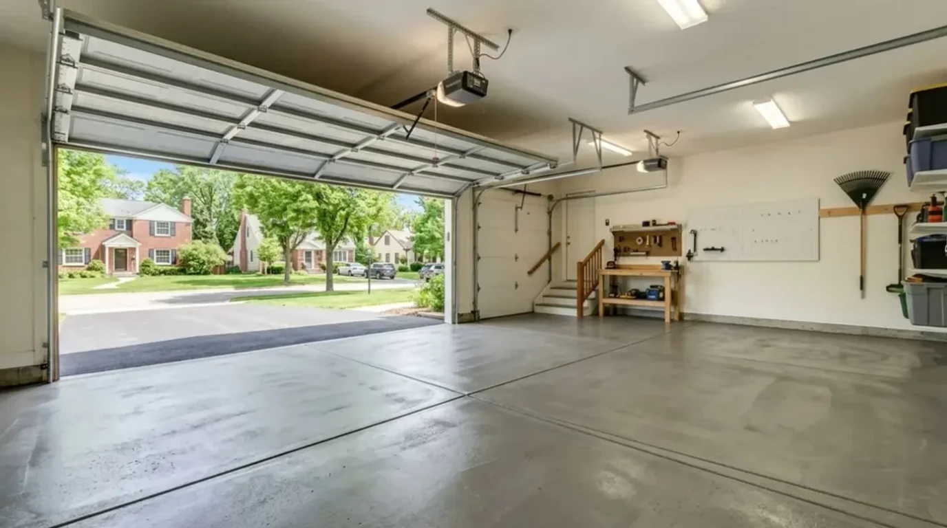 New concrete garage floor installation in a two-car garage — Twin Cities metro garage floor replacement by Jensen Decorative Concrete