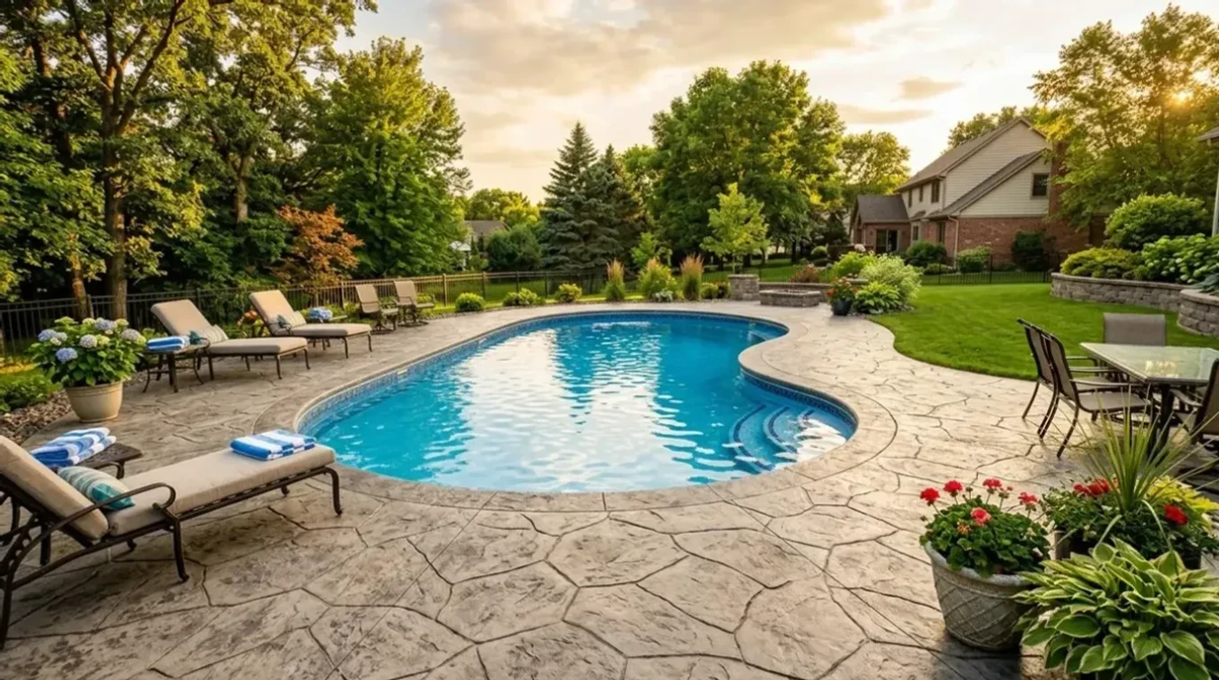 Jensen Concrete Stamped concrete pool deck surrounding an in-ground pool in the Twin Cities metro area by Jensen Decorative Concrete