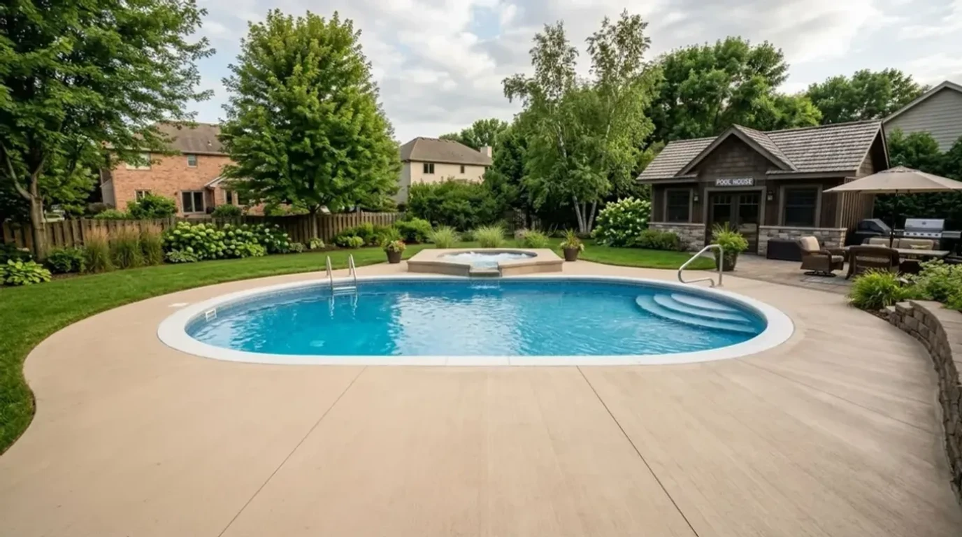 Jensen Concrete Colored concrete pool deck with hot tub pad in a Twin Cities suburban backyard