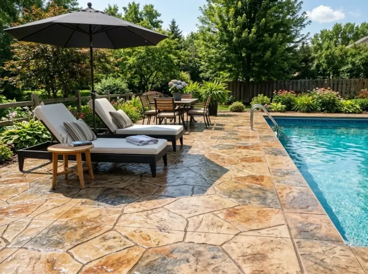 Jensen Concrete Sealed stamped concrete pool deck with flagstone pattern in warm earth tones