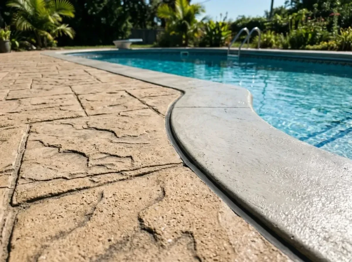Jensen Concrete Close-up of stamped concrete pool deck showing slip-resistant texture and ashlar slate pattern by Jensen Decorative Concrete